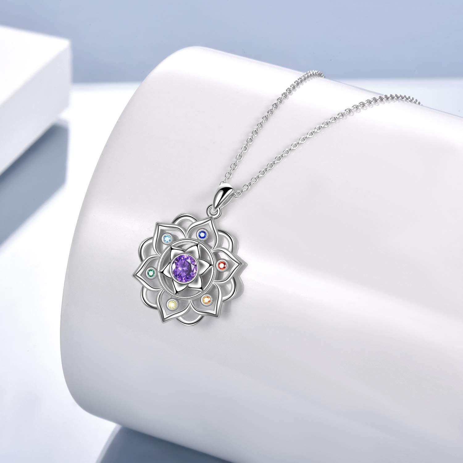 Yoga Lotus Chakra Necklace - Sterling Silver Pendant - Maria