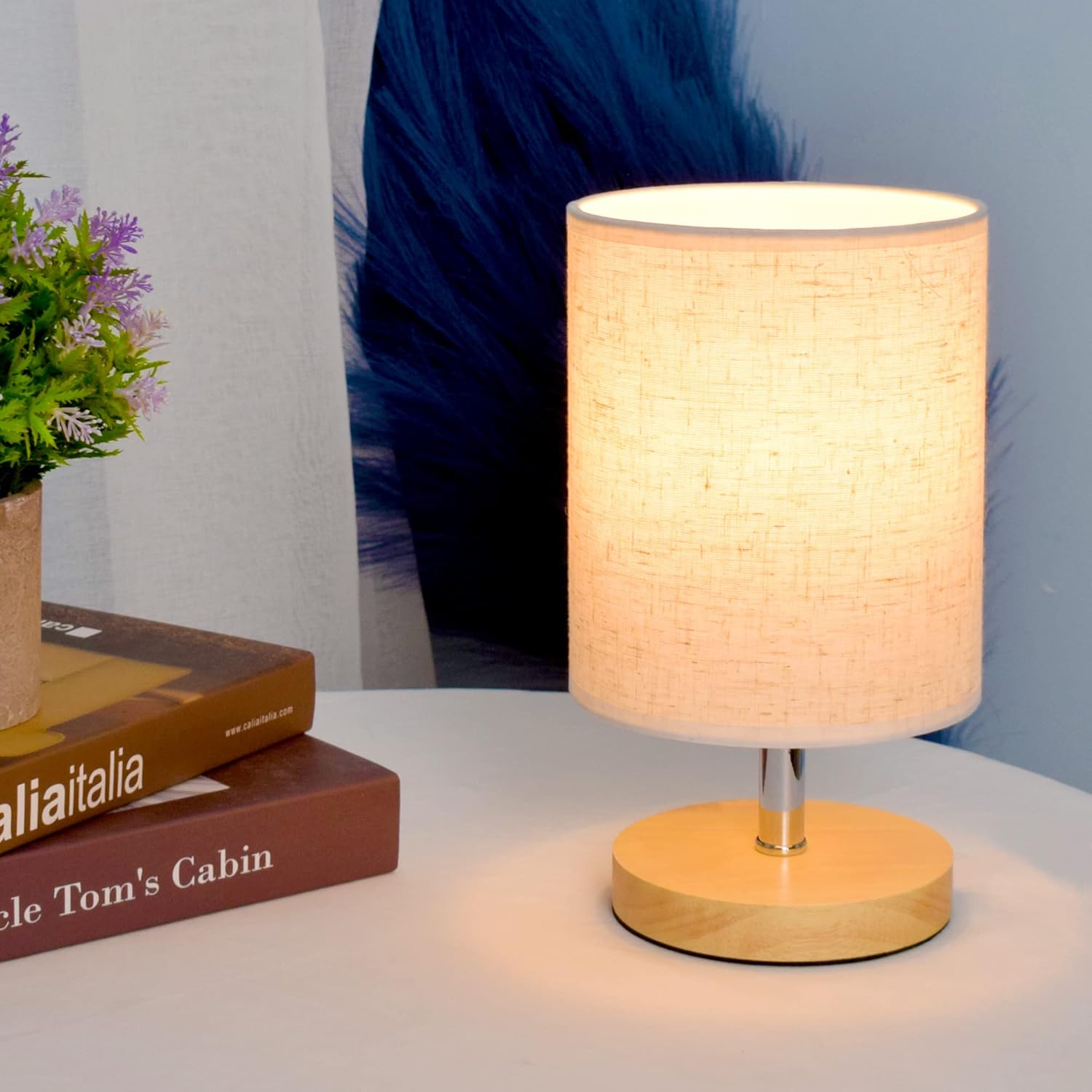 Wooden Bedside Lamp with Linen Shade - Cozy LED Night Light