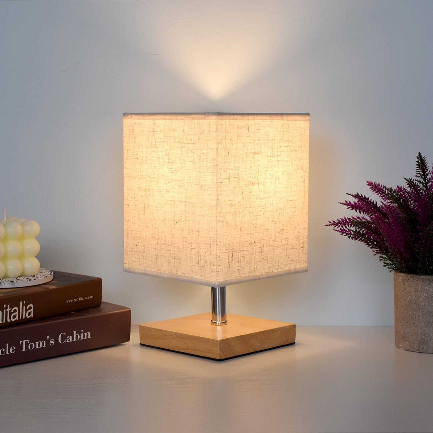 Wooden Bedside Lamp with Linen Shade - Cozy LED Night Light