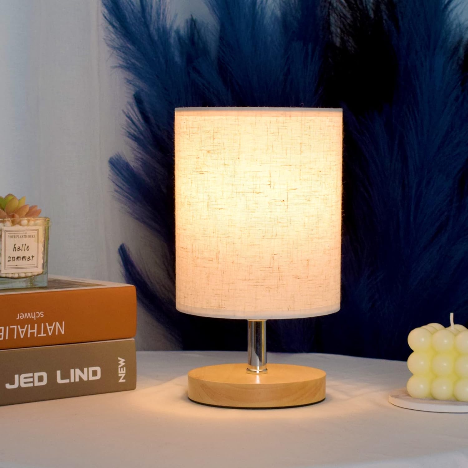 Wooden Bedside Lamp with Linen Shade - Cozy LED Night Light