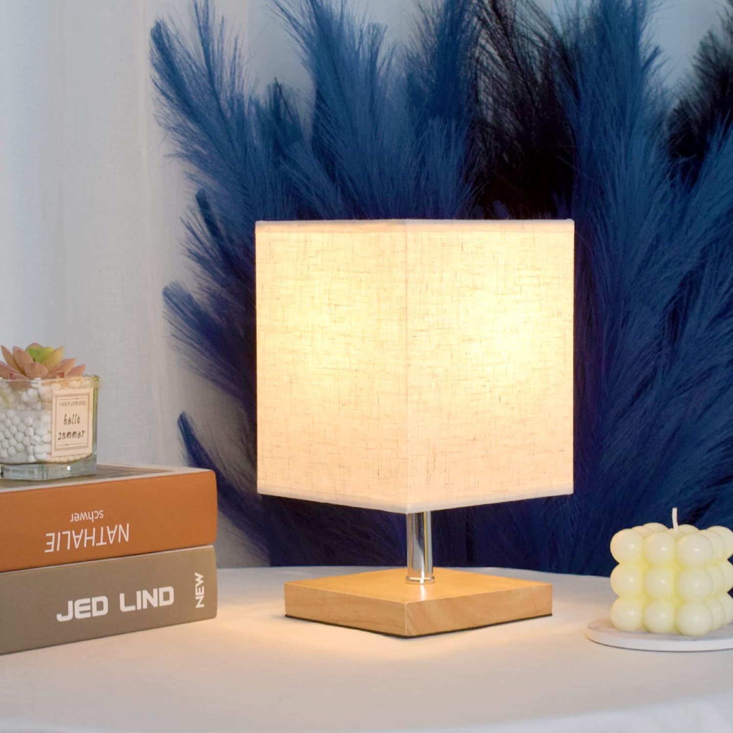 Wooden Bedside Lamp with Linen Shade - Cozy LED Night Light