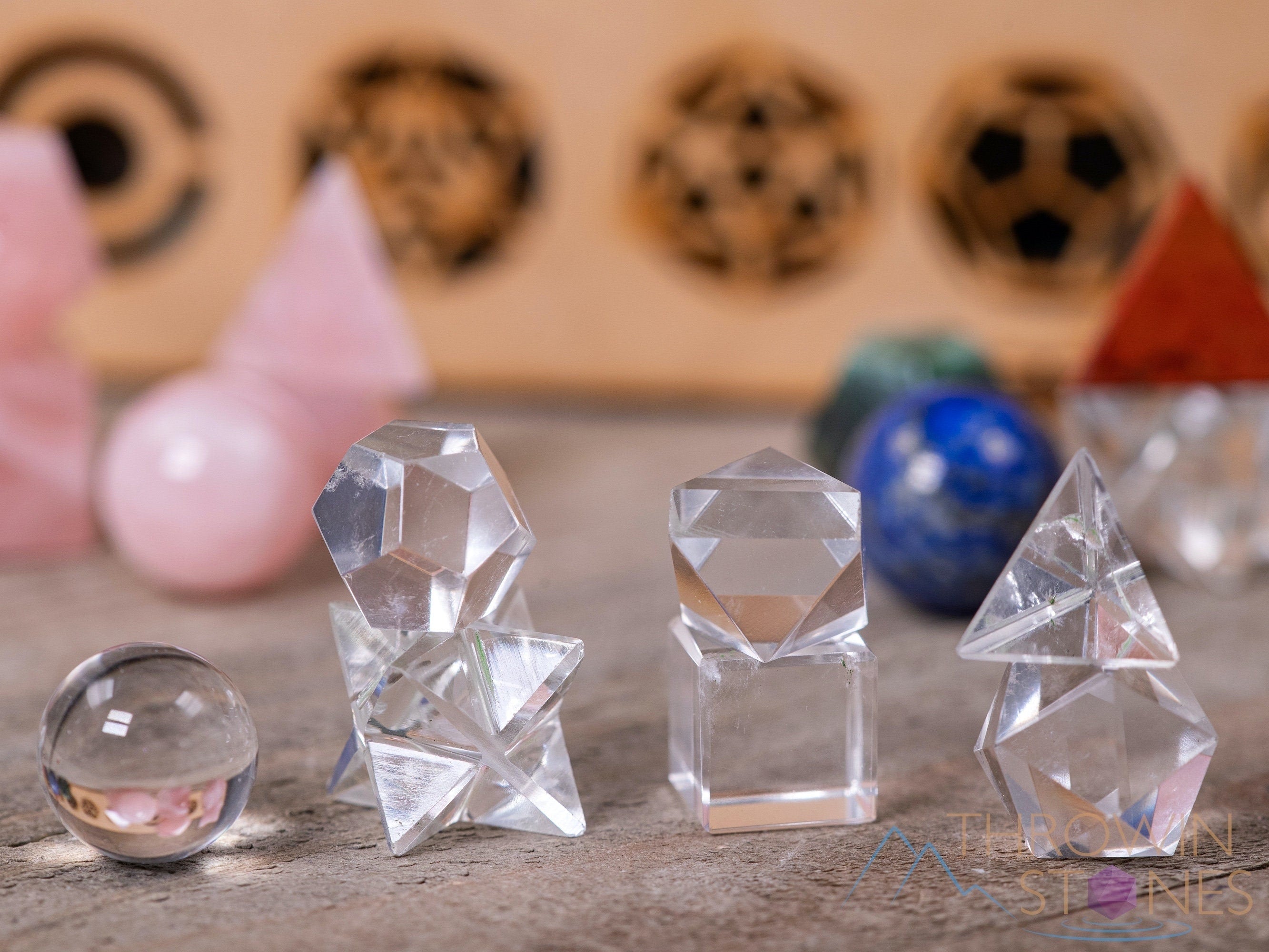 Platonic Solid Crystal Set in Wooden Box